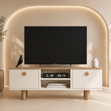 Tessa Mobilya Bohem Tv Sehpası Beyaz 50'' Tv Uyumlu Bohem Ayaklı Geniş Depolamalı Tv Ünitesi