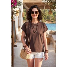 Lela Pamuklu Rahat Kalıp Bisiklet Yaka T Shirt Bayan T Shirt 5866955