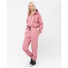 Trendhill Kadın Pembe Yarım Fermuarlı Kapüşonlu Crop Sweatshirt Cepli Günlük Kullanım İçin 5502P