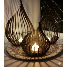 Ceren 3'lü Dekoratif Ahşap Büyük Boy Parametrik Mumluk Seti -Tealight Mumluk Şamdan- 31 cm Ceviz