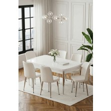 Deren Home Ada Gümüş Serisi 80X132 Açılabilir Masa +6 Adet Silinebilir Sandalye Metal Ayaklı Masa Takımı