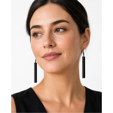 Tamgacrafts Kadın Siyah Akrilik Pleksi Uzun Çizgili Çubuk Küpe Geometrik Minimalist Tasarım 7 cm