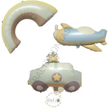 Bal10 Dünyası Retro Renkler Gökkuşağı Uçak  Polis Arabası Folyo Balon Seti