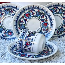 Mihres Tulu Porselen Topkapı Çini Desenli 6 Kişilik Türk Kahvesi Fincan Takımı 12 Parça