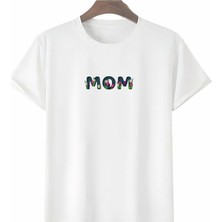 Velmora Fashion Anneler Gününe Özel Tasarım mom Çiçek Baskılı T-shirt - Beyaz -