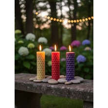 AY IŞIĞI MUMLARI Silindirik Petek 3'lü Hediyelik Dekoratif Hoş Kokulu Parafin Wax Mum (Kırmızı + Sarı + Mor Renkli)