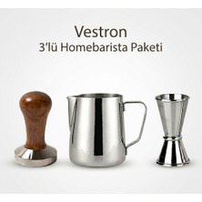 Vestron Homebarista Espresso 3lu Set | Sut Pot Ahşap Tamper Çelik Ölçek Jigger