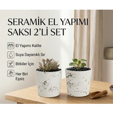 Newme 2’li Seramik Saksı / Dekoratif Kupa Seti Beyaz Siyah Desenli | Modern Dekoratif El Yapımı Tasarım - 10 cm