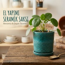Newme El Yapımı Seramik Saksı & Altlık Seti Doğal Turkuaz Efektli – Dekoratif ve Fonksiyonel Tasarım - 10 cm