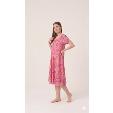Sibel Günay Butik Çiçek Desenli Italyan %100 Pamuk Salaş Pembe Yazlık Elbise -110 cm