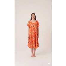 Sibel Günay Butik Çiçek Desenli Italyan %100 Pamuk Salaş Turuncu Yazlık Elbise -110 cm