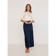 Fashion Club Kadın Denim Yıkamalı Desenli Yırtmaçlı Cepli Kot Etek