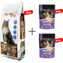 Royal Elite Tavuklu Yetişkin Kedi Maması 15 Kg+ 2 Adet Proart Jöleli Somonlu Kısır Kedi Poşet Maması 85 gr