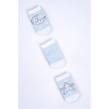 Cocole Socks Erkek Bebek Soket Çorabı 3’lü Set – Pamuklu Açık Mavi Ay & Yıldız Desenli