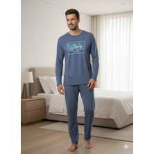 Fames Homewear Erkek Mavi Uzun Kol Pijama Takım Bisiklet Yaka Rahat Kesim ile Yumuşak Kumaş Konforu