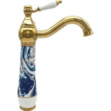 UltraMint Modern Ebru Mavi ve Altın Detaylı Lavabo Bataryası, Şık Tasarım