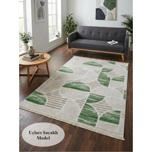 NarStore Home Dinar Geometrik Desen Saçaklı Yeşil Kaymaz Taban Yıkanabilir Kesme Yolluk Halı