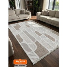 NarStore Home Kaymaz Taban Saçaklı Krem Bej Modern Geometrik Kalın Yıkanabilir Yolluk Halı