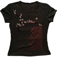 Moonstyle Collection Siyah Japanese Sakura Tree Gotik Y2K Kısa Kollu Crop T-Shirt