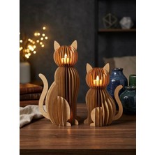 Parametrik Kedi Figürlü Dekoratif Ahşap Mumluk Seti - Büyük ve Küçük Boy Tealight Mumluk Şamdan Hediyelik Modern Biblo Aydınlatma (36CM & 26CM)
