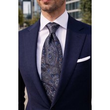 Kravatkolik Calavera Style Şal Desen Italyan Lacivert Ipek Kravat İK2357