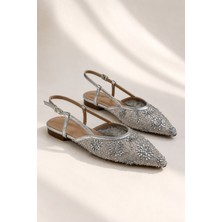Eftelya Kadın Çiçek Işlemeli Tül Sivri Burun Slingback Babet Ayakkabı