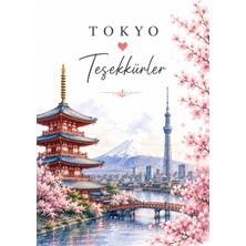 Papelia Tokyo Temalı Teşekkür Kartı | Sakura Çiçeği ve Fuji Dağı Tasarımlı 8x5 cm Not Kartı | Hediyelik Paket Kartı | Sipariş Teşekkür Kartı