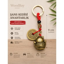 WoodBay Feng Shui Şans Kedisi Anahtarlık Çift Kollu Maneki Neko Bereket Sembolü 9 cm Model 1