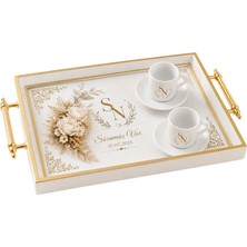 SARUHAN CONCEPT Kişiye Özel Söz Nişan Tepsisi, Kahve Fincanı ve Tepsi Seti – Gold Monogram Tasarımlı