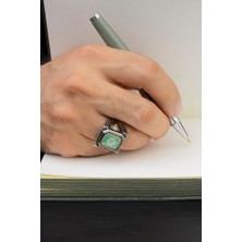 Innuendo Jewelry 925 Ayar Gümüş Yeşil Zeminli Mühr-Ü Süleyman ve Aslan Motifli Erkek Yüzük