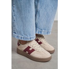 v.s.h velvet Kadın Bej-Bordo  Desenli Kadın Retro Spor Ayakkabı TE03