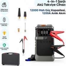 Robeve 4-In-1 Şarjlı Akü Takviye Cihazı – 12000 Mah Güç Kapasitesi, 1200A Anlık Akım, Dijital Lastik Pompası, Powerbank ve LED Işıklı Çok Fonksiyonlu Acil Durum Oto Yardım Cihazı Saklama Çantalı