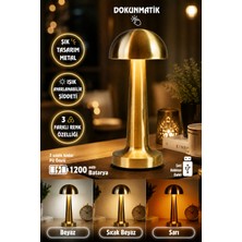 İndecor Houseware Metal Dokunmatik Mantar Masa Lambası 3 Işık Renkli Şarjlı Modern Kafe Masa Lambası Gold