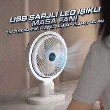 Sezy USB Şarjlı Lambalı Masaüstü Mini Fan – 3 Kademeli Hız Ayarlı 180 Derece Vantilatör