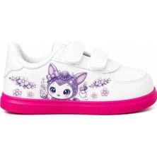 Lias Design Mor Tatlı Arkadaş Baskılı Beyaz Pembe Taban Bantlı Çocuk Spor Ayakkabı Sneaker