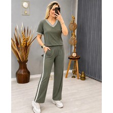 Lune Store Kadın Kısa Kollu V Yakalı Viskon Iki Iplik Bluz ve Pantolon Ikili Takım