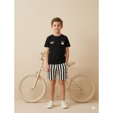 Harby Pamuklu Erkek Çocuk Siyah Tshirt-Çizgili Şort Takım