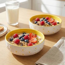 Evanilife Papatya Model El Yapımı Orta Boy Seramik Salata Kasesi 15,5 cm Sarı Renkli Diyet Bowl