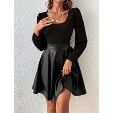 Lune Store Kadın Uzun Kollu Kare Yaka Üst Viskon Alt Deri Mini Elbise