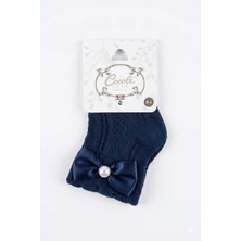 Cocole Socks Kız Çocuk Aksesuarlı Soket Çorabı Tekli Pamuklu Fiyonklu Lacivert Desenli
