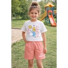 Harby Kids Beyaz Somon %100 Pamuk Kız Çocuk Tshirt-Şort Takım