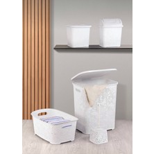 UltraMint Dantel Desenli 5 Parça Banyo Seti: Sepet, Çamaşır Selesi, Deterjanlık, Çöp, Wc Fırçası
