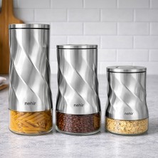 Nehir Paslanmaz Çelik Saklama Kabı 1,2 lt Kapasiteli 3 Parça Burgulu Borosilikat Cam Hazneli