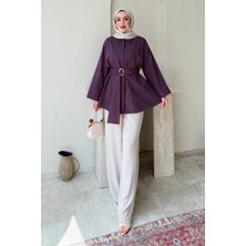Tesettür Diyarı Dekta Cotton Kumaş Broş Kemerli Tesettür Gömlek- Mürdüm Standart (38-42 Uyumlu)