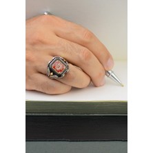 Innuendo Jewelry 925 Ayar Gümüş Kırmızı Zeminli Mühr-Ü Süleyman Motifli Erkek Yüzük