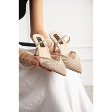 Lebibe Shoes Lacelyn Kadın Dantel Nakışlı Sivri Burun 7 cm Ince Topuklu Terlik Ayakkabı