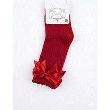 Cocole Socks Kız Çocuk Aksesuarlı Dizaltı Çorabı Tekli Pamuklu Düz Kırmızı Fiyonk Detaylı