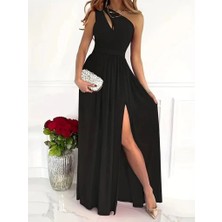 Lune Store Kadın Omuzlardan Açık Asimetrik Yaka Detaylı Yırtmaçlı Maksi Boy Janjan Krep Elbise