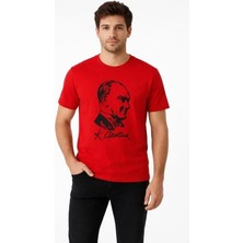 Lune Store Erkek Atatürk Baskılı Tişört Kısa Kollu Bisiklet Yaka T-Shirt - Kırmızı