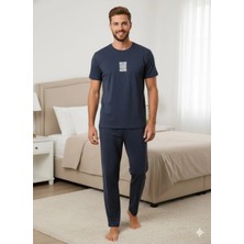 Erkek Lacivert Kısa Kol Yazlık Rahat Pijama Takımı